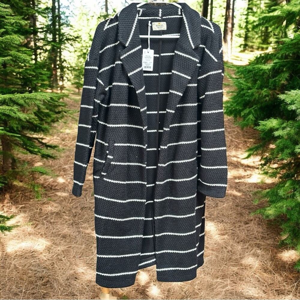NWT Marine Layer Birdseye Coat Open Front Cardigan Black White Stripes Sz Medium - Picture 2 of 7